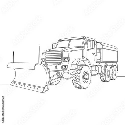Snow Plow in Action: An outline illustration of a robust snow plow, showcasing its functional design and purpose-built components ready to clear winter pathways.