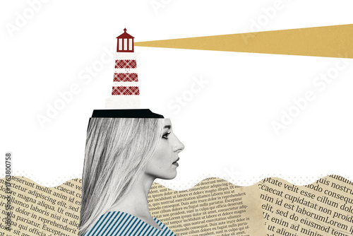 Composite photo collage of serious blonde girl instead head lighthouse ray signal direction tower light isolated on painted background