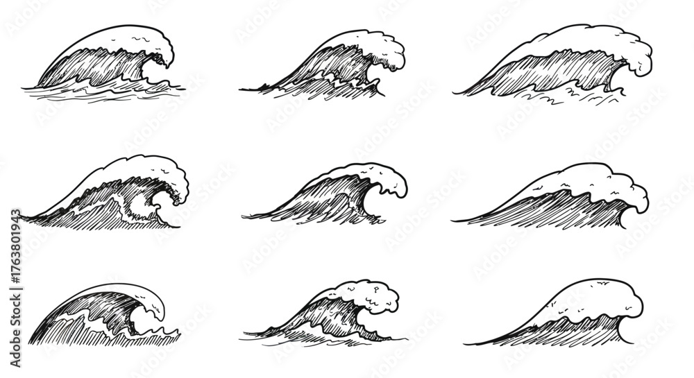 Fototapeta premium Hand drawn ocean waves set: nine unique sketch illustrations of surf waves