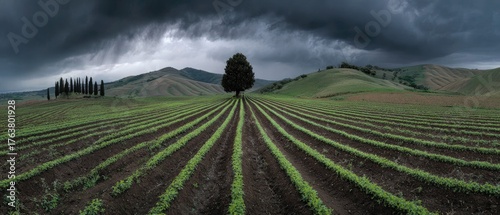 Wide landscape features a cultivated field leading to a lone tree under a stormy sky
