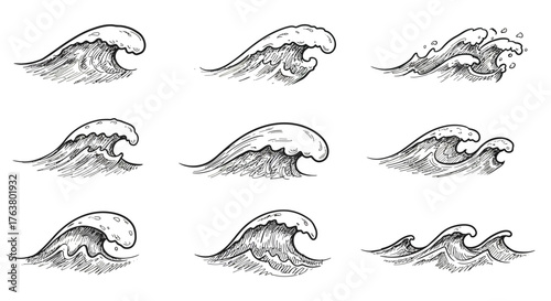 Hand drawn ocean waves set with splashing crests and curves
