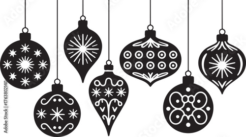 Black and White Hanging Christmas Ornament Illustration for Holiday Decor Designs