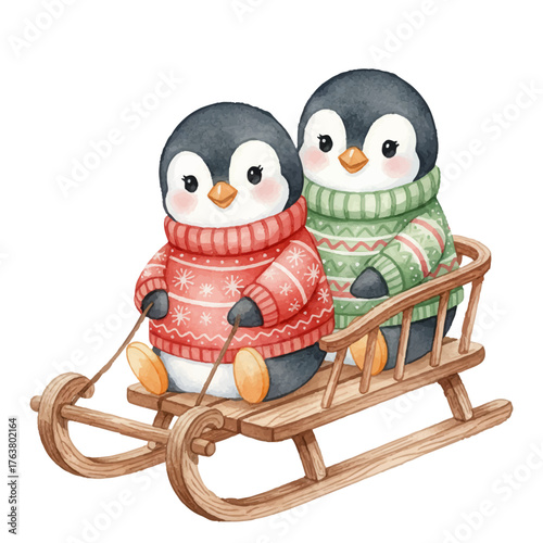 Pair of penguins wearing cozy Christmas sweater - red and green- happily riding together on wooden winter sled vector illustration.