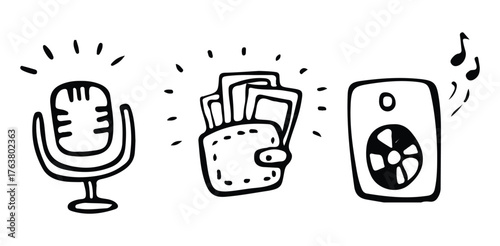 Audio Icons Set, Collection Of Microphone Wallet And Speaker Symbols For Music Design Project Management And Entertainment Applications

