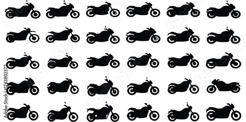 Motorcycle Icons Set, Collection Of Bike Silhouettes And Riding Symbols For Transport Design Project Management And Adventure Applications

