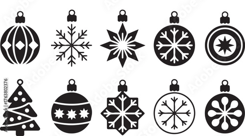 Black and White Holiday Icons Christmas Tree, Snowflake, and Ornament Silhouettes Set