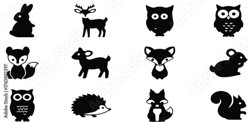 Forest Animals Icons, Set Of Rabbit Deer Owl And Fox Symbols For Wildlife Design Project Management And Nature Conservation Applications

