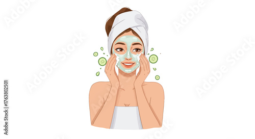 Woman applying face mask with spa towel and cucumber slices