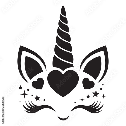 Minimalist Unicorn Face Silhouette with Hearts & Stars – Black Vector Illustration