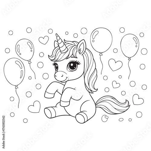 Cute Baby Unicorn with Balloons & Hearts – Black-and-White Line Art Vector Coloring Page Illustration