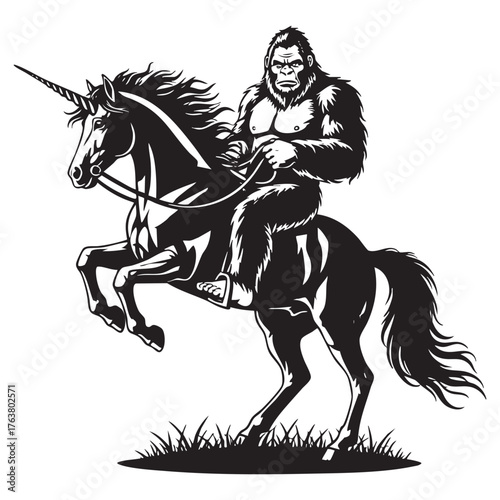 Epic Gorilla Riding a Rearing Unicorn – Black-and-White Vector Fantasy Illustration