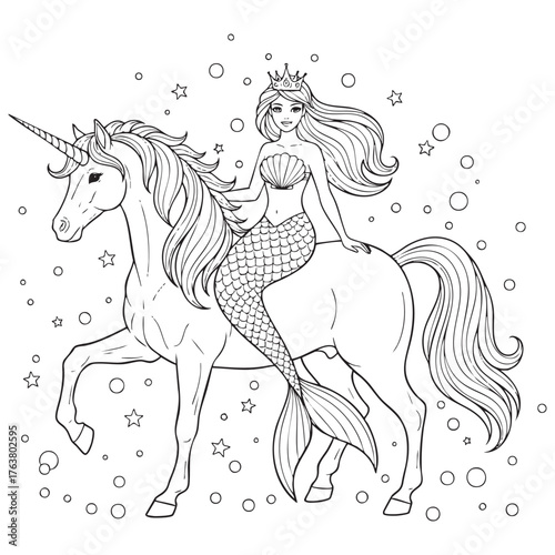 Mermaid Princess Riding Unicorn – Fantasy Line Art Vector Coloring Page Illustration