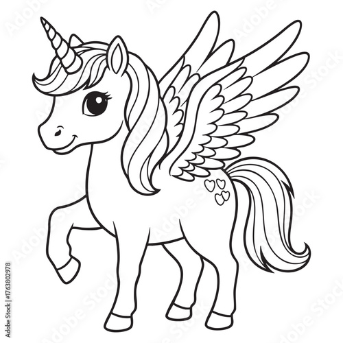 Cute Winged Unicorn Pegasus – Black-and-White Line Art Vector for Coloring Pages