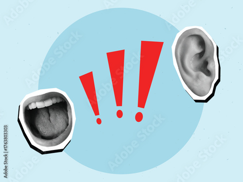Screaming open mouth with an exclamation marks and ear. Modern collage style. Vector illustration