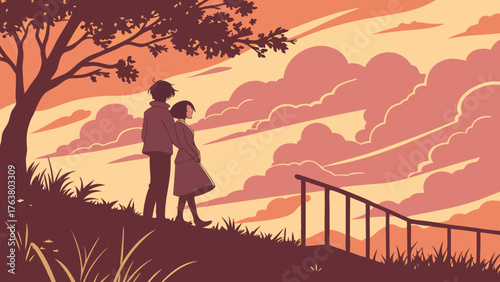 Silhouette of a couple walking in the park at sunset, expressing love and romance amidst nature