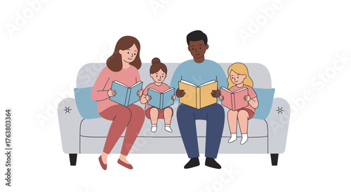 Family bonding time: parents and kids reading together on the sofa