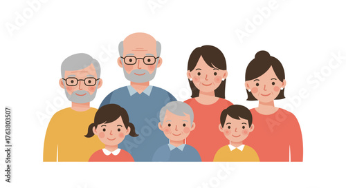 Colorful family portrait with happy faces in flat cartoon style