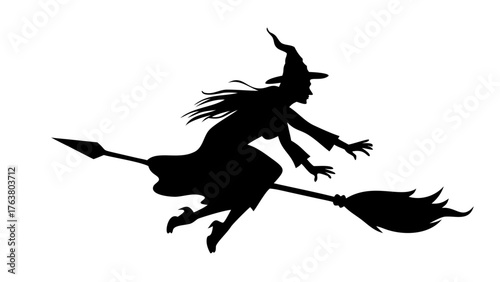 Black vector art illustration of a flying witch on a broom silhouette for Halloween fantasy design