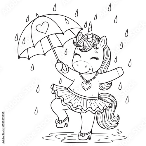 Dancing Unicorn with Umbrella in Rain – Cute Line Art Coloring Page Vector Illustration