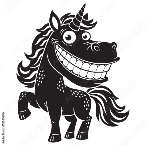 Funny Grinning Unicorn Silhouette – Black Vector Cartoon Illustration