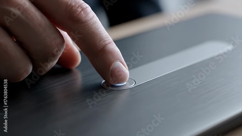 Close Up Of Human Finger Turning On Button On Textured Dark Surface With Silver Accent At Bright Background