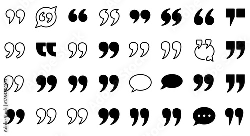 Diverse set of quotation and speech mark icons in black and white design