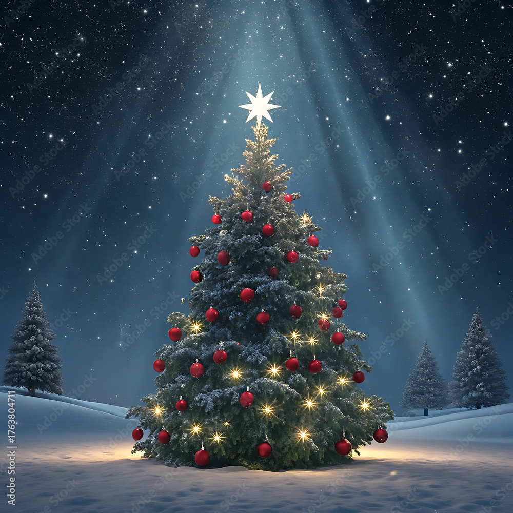 Obraz premium Decorated christmas tree in snowy winter landscape with star topper