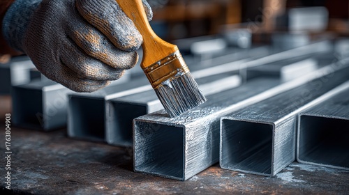 A man applies primer to metal square pipes Empty space