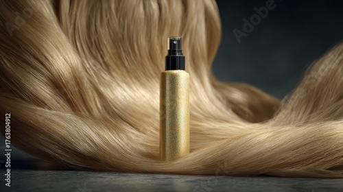 Golden spray bottle on flowing blonde hair representing effective haircare and beauty products for healthy, shiny, and styled results