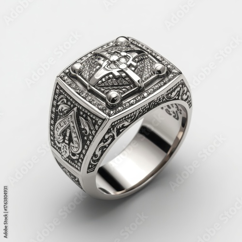 Intricate Silver Signet Ring with Cross and Engravings