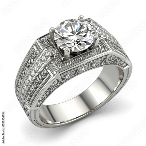 Elegant Platinum Diamond Engagement Ring with Intricate Engravings