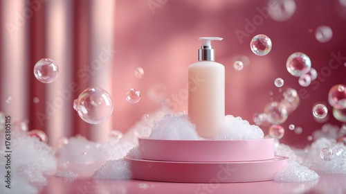 Cosmetic pump bottle on pink podium with rich white foam and floating iridescent soap bubbles, illustrating self care, beauty, and hygiene products