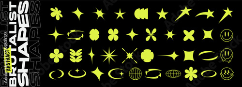 Abstract Brutalist Logo Shapes Set. Postmodern Geometry Icon Vector Brutal y2k Symbols. Modern Trendy Futuristic Graphic Design Elements. Minimal Retro Modernist Aesthetics Geometric Emblem Icons