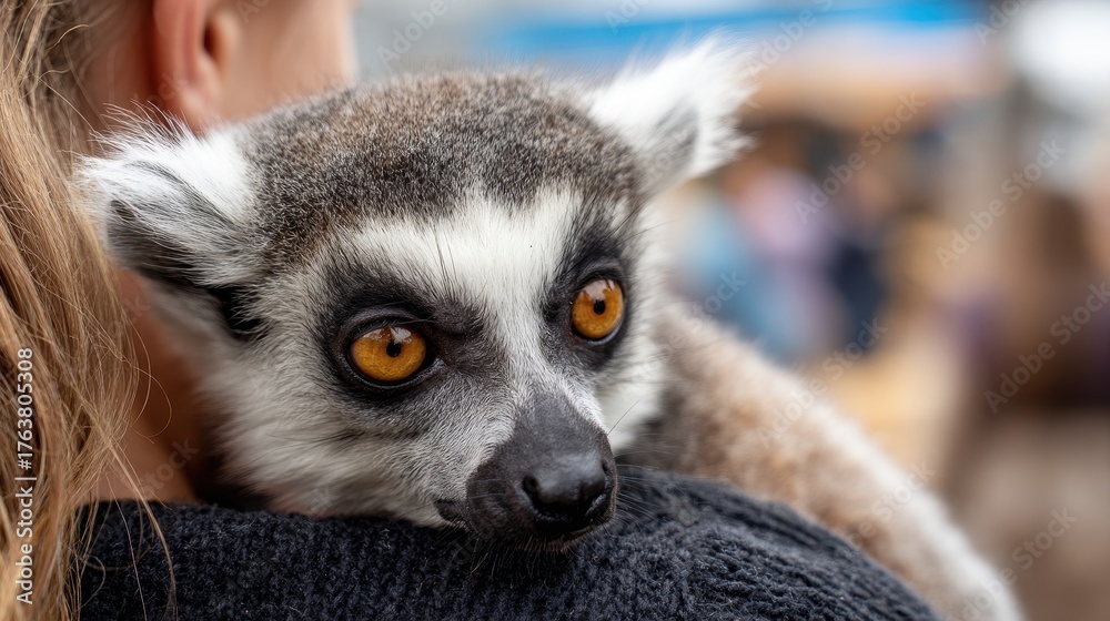 Obraz premium A woman at the zoo has a lemur on her shoulder