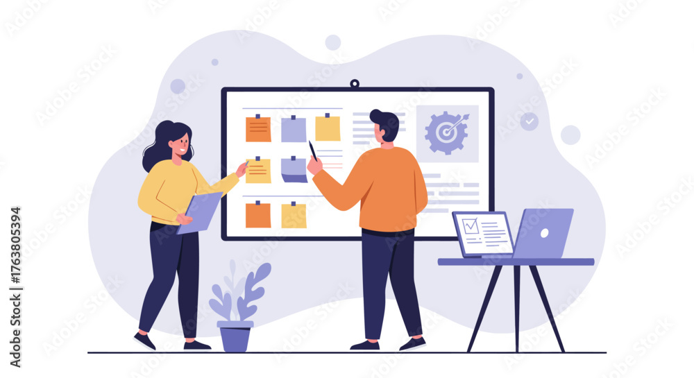 Fototapeta premium Team collaboration and planning concept with kanban board and laptops in modern office setting