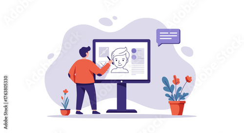Designer creating digital profile on interactive monitor in modern workspace
