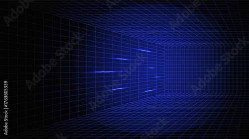 Cyberpunk Grid Room Glowing Line Background. 3D Game Neon Wireframe Space Digital Vector Texture Perspective Tunnel. Retro Futuristic Virtual Techno Landscape. Cyberspace Abstract Matrix VR Wallpaper