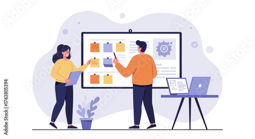 Team collaboration and planning concept with kanban board and laptops in modern office setting