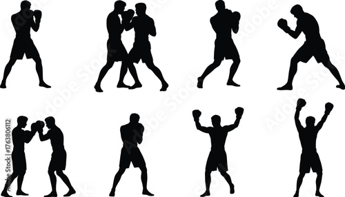 Boxing silhouette collection of male fighters in different poses, training, punching, and victory stances, vector illustration for sports design