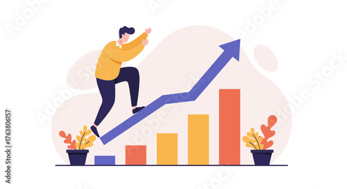 Achieving success: businessman climbing growth chart to reach new heights