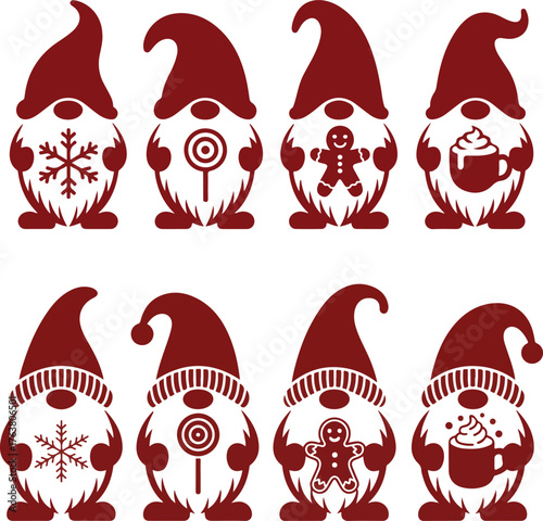 Burgundy Christmas Gnomes with Snowflake, Lollipop, Gingerbread Man, and Hot Cocoa Silhouettes