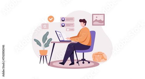 Remote work comfort: man engaged at desk with laptop in minimalist workspace