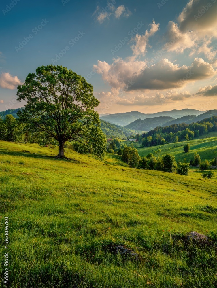 Obraz premium Lush green landscape with a solitary tree under a bright, cloudy sky