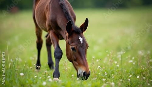 A close up photo shows a baby horse foal grazing in a green meadow. Young equine animal eats grass in field. The farm animal has brown coat and white spot on head.