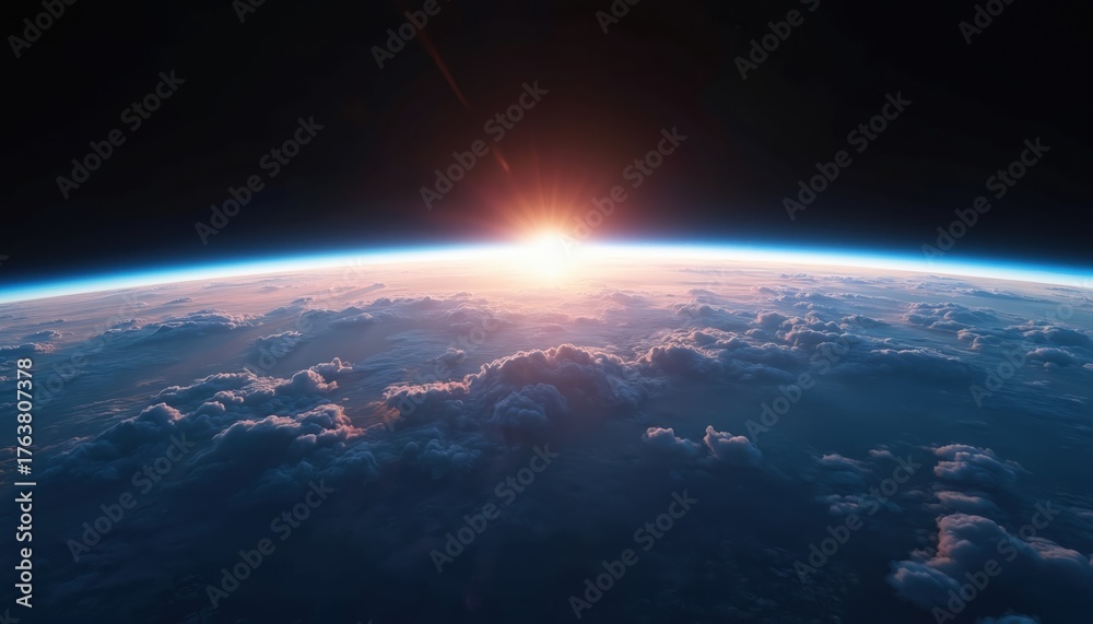 Fototapeta premium View from space shows Earth horizon with sunrise over cloud layer. Sun rays beam through atmosphere creating beautiful sky with planet curve visible. Night and day divide.