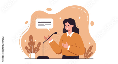 Confident woman speaking at a podium with plant decor and speech bubble in minimalistic style