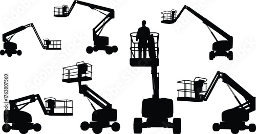 Construction boom lift silhouette vector illustration, aerial work platform vehicle, industrial equipment for height work, maintenance and building operation, safety engineering concept