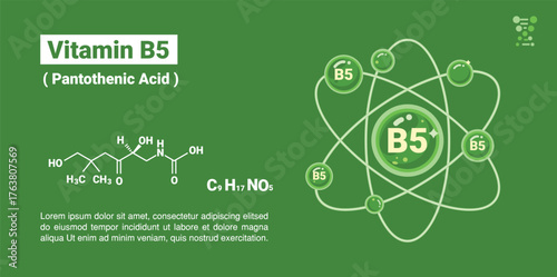 Illustration of vitamin B5 with molecular structure, chemical name Pantothenic Acid in chemistry C9H17NO5
