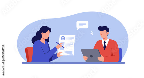 Modern flat design of job interview scene with candidate and recruiter interaction