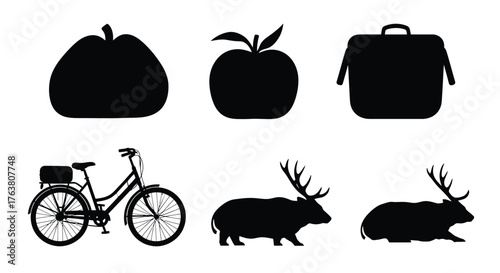 Black silhouettes of fruit bicycle deer and a vintage briefcase